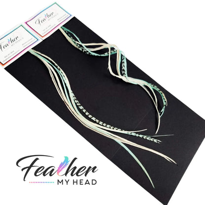 Hair Feather Extension Collection of hair feathers in soft natural earthy shades of green, brown and white-cream colors.

Select your length with hair feathers over 16 inches long. Optional feather kit makes installing your feathers at home a cinch with instructions and photos