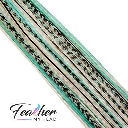 Hair Feather Extension Collection of hair feathers in soft natural earthy shades of green, brown and white-cream colors.

Select your length with hair feathers over 16 inches long. Optional feather kit makes installing your feathers at home a cinch with instructions and photos