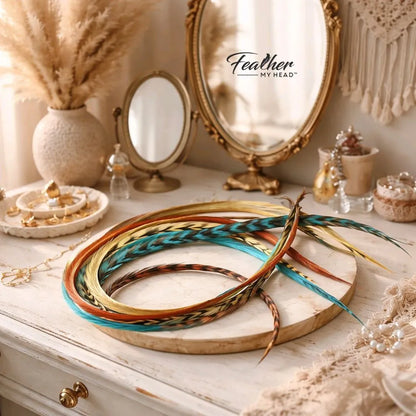 Hair Feathers Long Feather Kit: Blue, Brown, Gold Natural Feathers - Moonlight Path