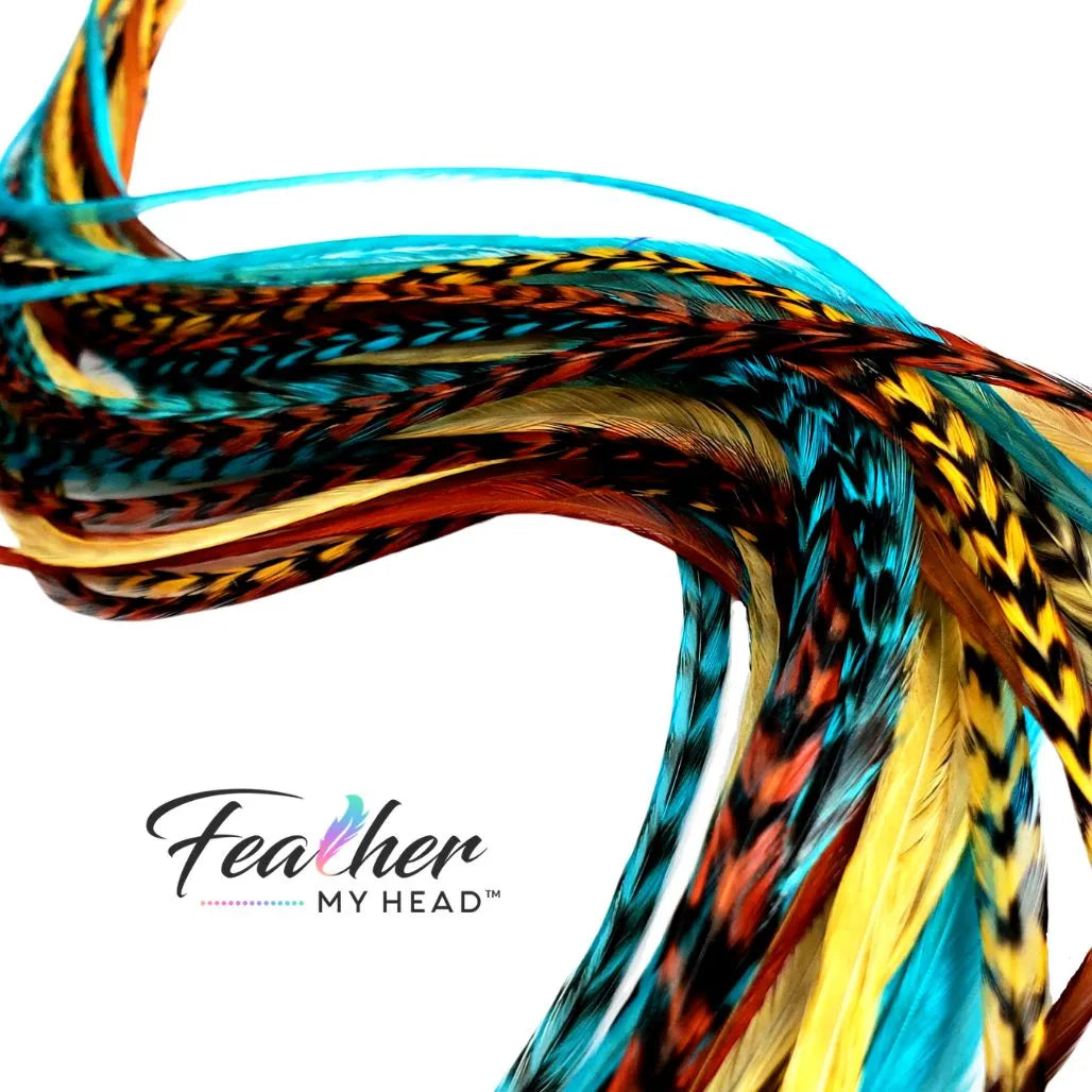 Hair Feathers Long Feather Kit: Blue, Brown, Gold Natural Feathers - Moonlight Path