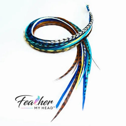Cowboys Angels Western rooster feather hair extensions in blue and earthy natural tones