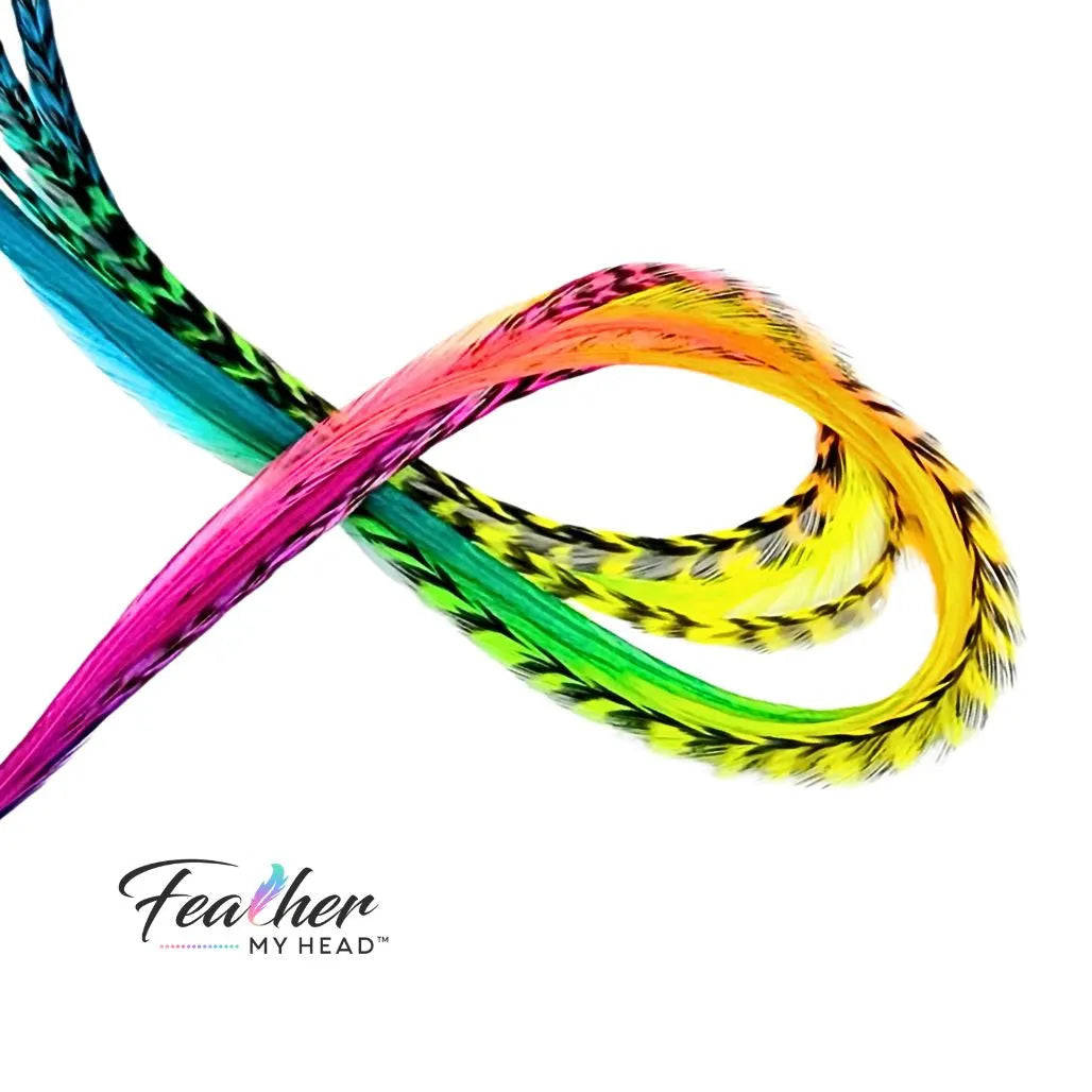 Hair Feathers Extension Kit With Very Long Multi Color Rainbow Feathers - Butterfly Kisses Set