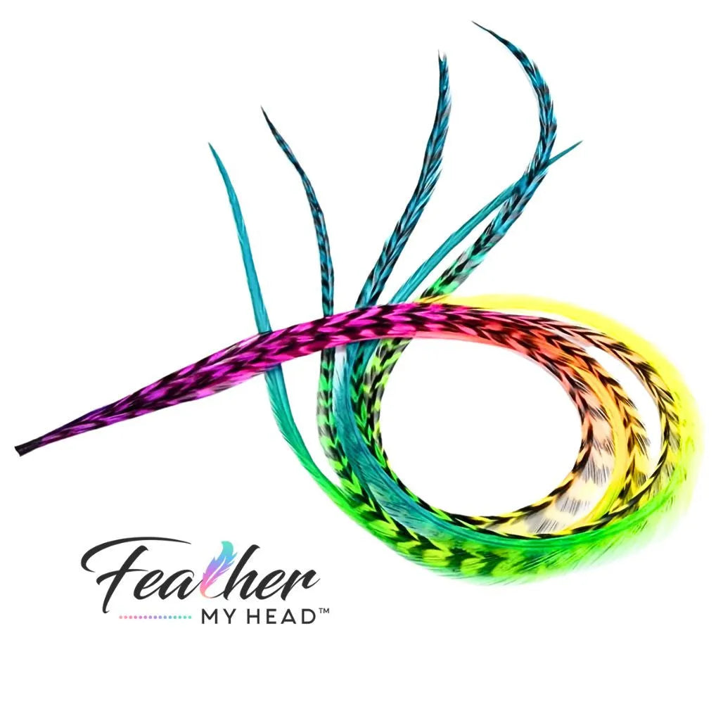 Hair Feathers Extension Kit With Very Long Multi Color Rainbow Feathers - Butterfly Kisses Set