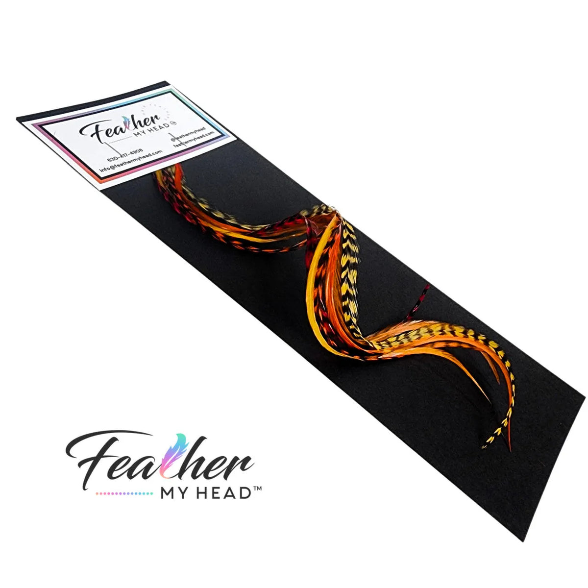 Feather Hair Extension Kit by Feather My Head. Mix of  brown, butterscotch yellow, orange and red feathers.  Real hair feathers in long lengths.