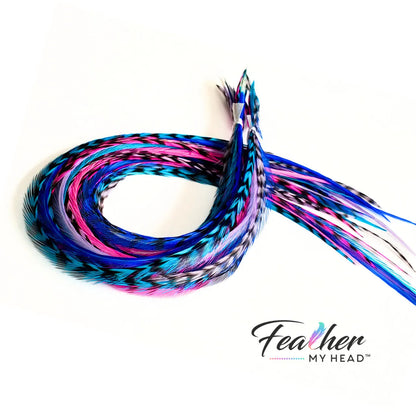 Unleash your inner beach babe  with our  "Beach Party" Hair Feather Pack. These vibrant and playful hair accessories are the perfect way to add a touch of summer to your everyday look. With a mix of pink, purple, blue, and turquoise feathers, you'll feel like you're dancing on the shore, even if you're miles away from the beach!