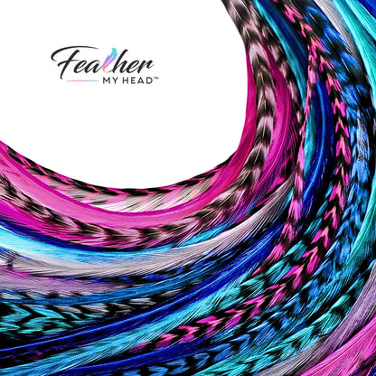 Unleash your inner beach babe  with our  "Beach Party" Hair Feather Pack. These vibrant and playful hair accessories are the perfect way to add a touch of summer to your everyday look. With a mix of pink, purple, blue, and turquoise feathers, you'll feel like you're dancing on the shore, even if you're miles away from the beach!