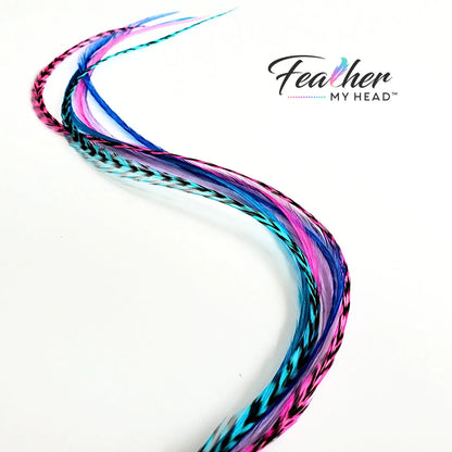 Unleash your inner beach babe  with our  "Beach Party" Hair Feather Pack. These vibrant and playful hair accessories are the perfect way to add a touch of summer to your everyday look. With a mix of pink, purple, blue, and turquoise feathers, you'll feel like you're dancing on the shore, even if you're miles away from the beach!