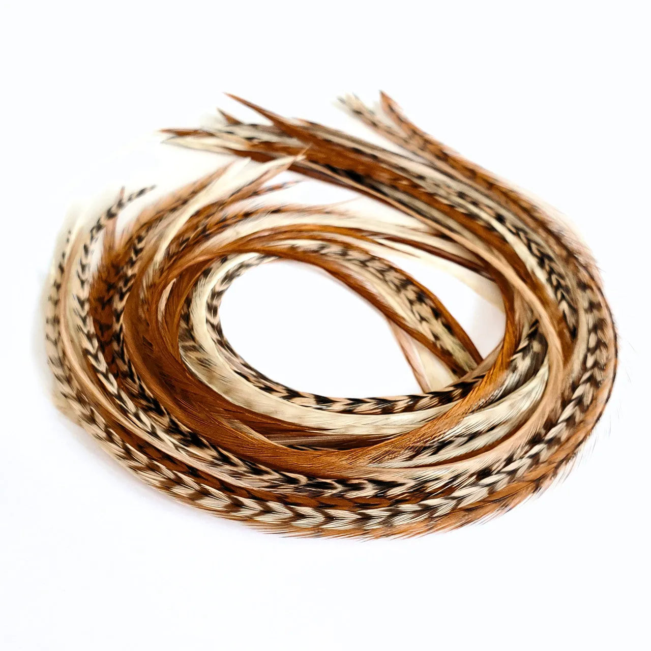 Tan Fannies Hair Feather Extension Collection of hair feathers in soft, earthy, natural tones of Fawn, Natural Ghost Grizzly, and Brown. 
