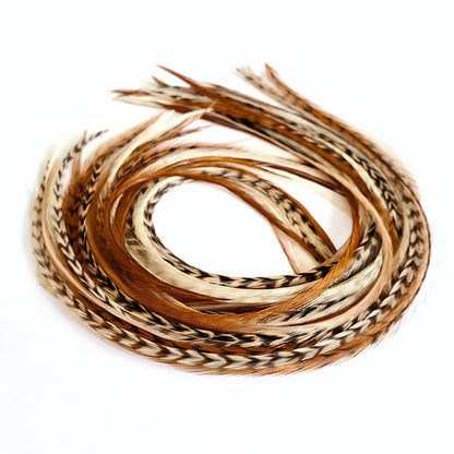 Tan Fannies Hair Feather Extension Collection of hair feathers in soft, earthy, natural tones of Fawn, Natural Ghost Grizzly, and Brown. 