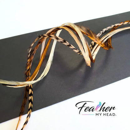 Tan Fannies Hair Feather Extension Collection of hair feathers in soft, earthy, natural tones of Fawn, Natural Ghost Grizzly, and Brown. 