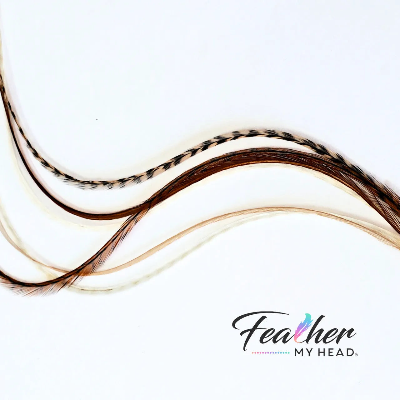 Tan Fannies Hair Feather Extension Collection of hair feathers in soft, earthy, natural tones of Fawn, Natural Ghost Grizzly, and Brown. 