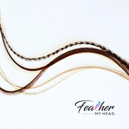 Tan Fannies Hair Feather Extension Collection of hair feathers in soft, earthy, natural tones of Fawn, Natural Ghost Grizzly, and Brown. 