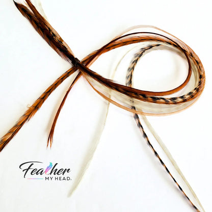 Tan Fannies Hair Feather Extension Collection of hair feathers in soft, earthy, natural tones of Fawn, Natural Ghost Grizzly, and Brown. 