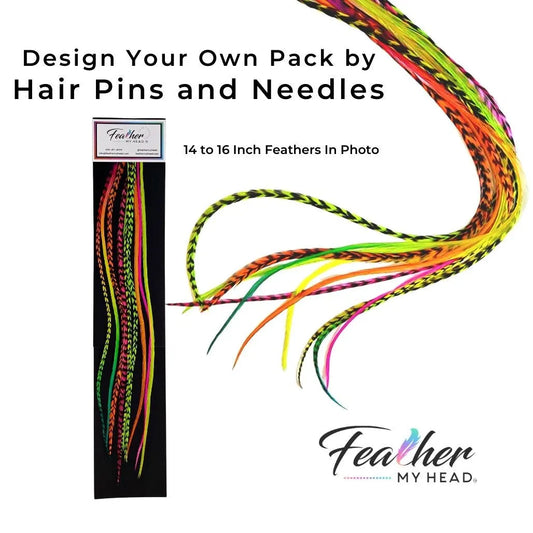 Add a touch of fun and color to your hair with Feather My Head Hair Feather Extension Package. This package includes 10 loose hair feathers, with 5 stunning neon colors of green, pink, orange, yellow, and a unique rainbow tie-dye feather called Butterfly Kisses. These premium grade hair feathers are made with 100% real and natural rooster feathers, ensuring their authenticity and quality. You can wash, blow dry, and curl these feathers just like your natural hair, giving you versatile styling options