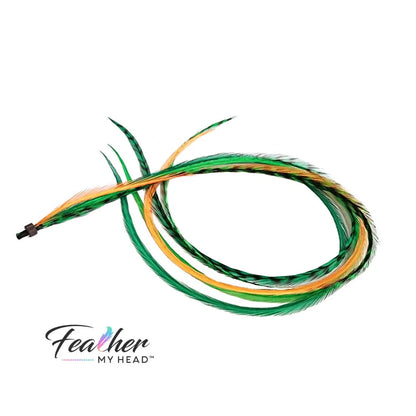 Green, white, and gold Lucky Charm Hair Feathers – feather hair extensions - long, flowing feather extensions perfect for St. Patrick’s Day, football game day, or adding a stylish touch to any hairstyle