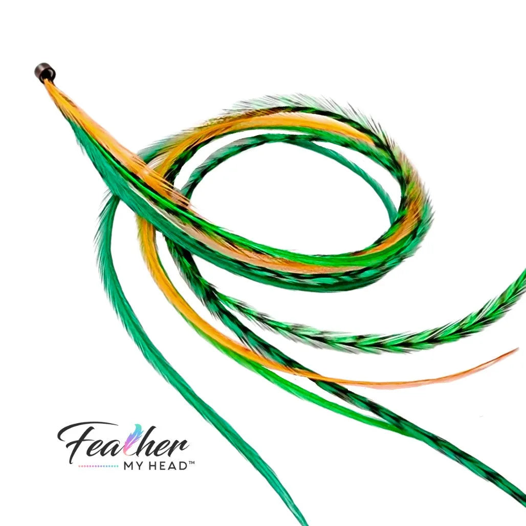 Green, white, and gold Lucky Charm Hair Feathers – feather hair extensions - long, flowing feather extensions perfect for St. Patrick’s Day, football game day, or adding a stylish touch to any hairstyle