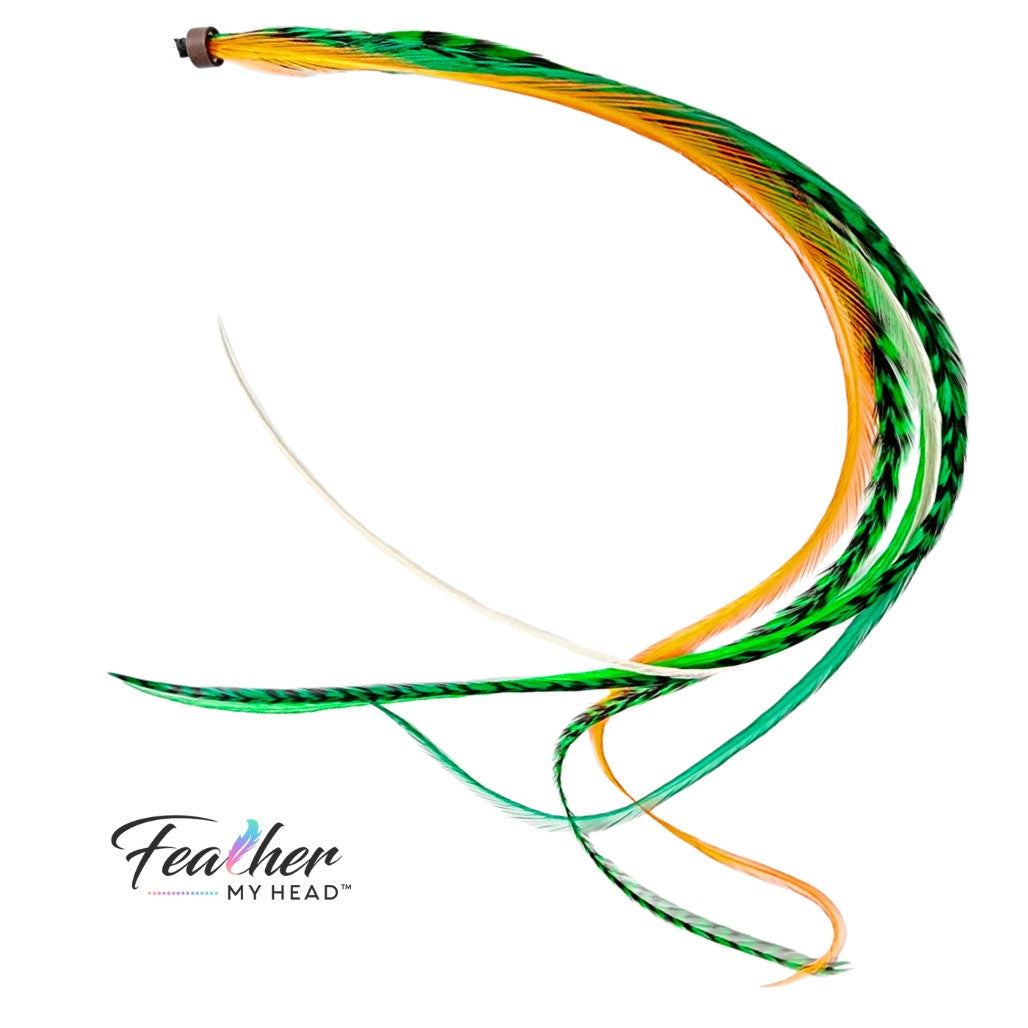 Green, white, and gold Lucky Charm Hair Feathers – feather hair extensions - long, flowing feather extensions perfect for St. Patrick’s Day, football game day, or adding a stylish touch to any hairstyle