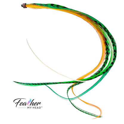 Green, white, and gold Lucky Charm Hair Feathers – feather hair extensions - long, flowing feather extensions perfect for St. Patrick’s Day, football game day, or adding a stylish touch to any hairstyle