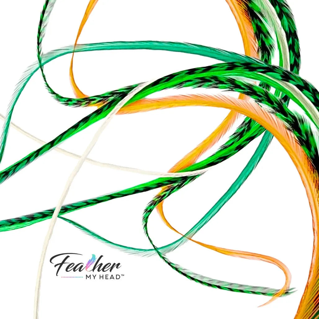 Green, white, and gold Lucky Charm Hair Feathers – feather hair extensions - long, flowing feather extensions perfect for St. Patrick’s Day, football game day, or adding a stylish touch to any hairstyle