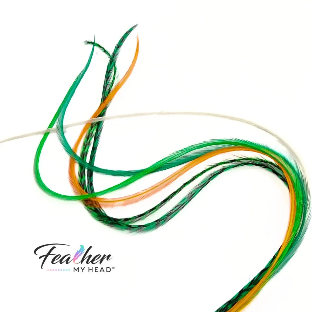Green, white, and gold Lucky Charm Hair Feathers – feather hair extensions - long, flowing feather extensions perfect for St. Patrick’s Day, football game day, or adding a stylish touch to any hairstyle