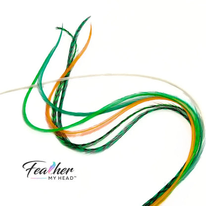 Green, white, and gold Lucky Charm Hair Feathers – feather hair extensions - long, flowing feather extensions perfect for St. Patrick’s Day, football game day, or adding a stylish touch to any hairstyle