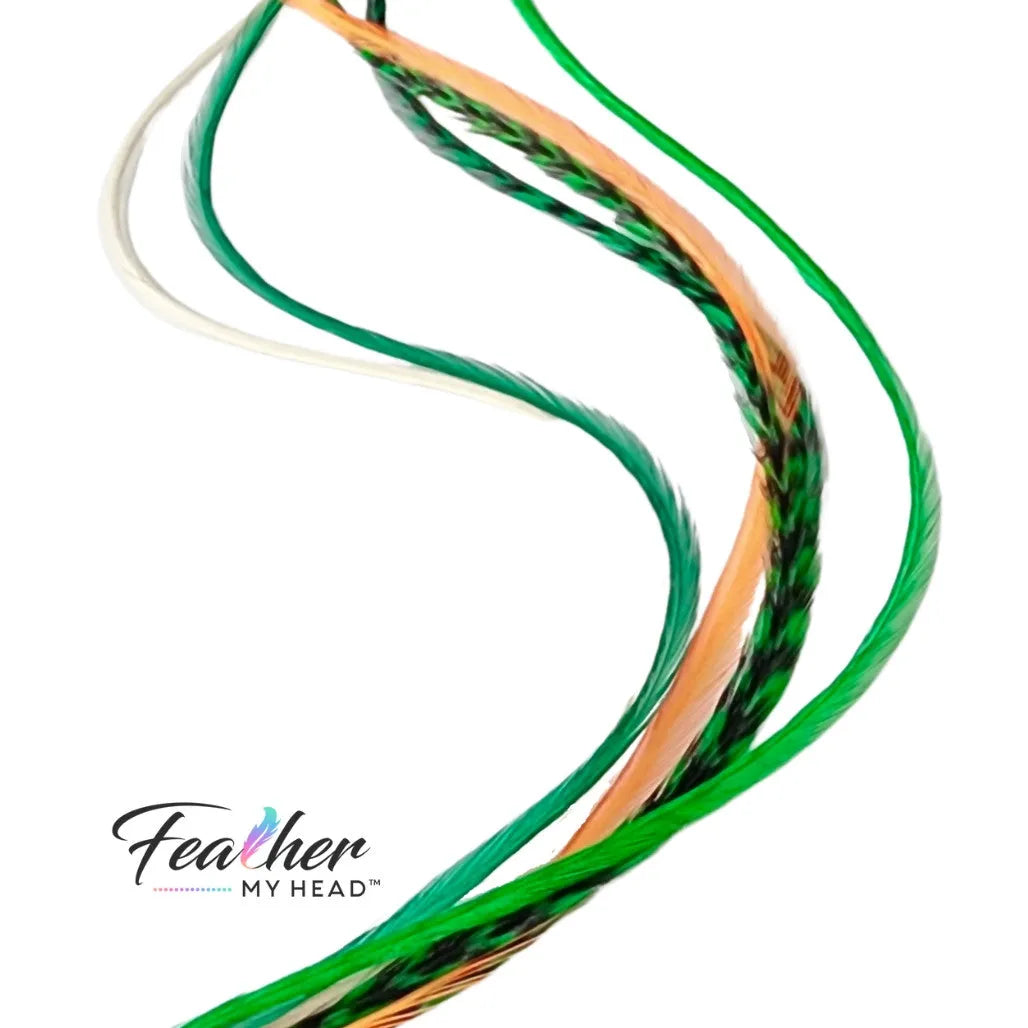 Green, white, and gold Lucky Charm Hair Feathers – feather hair extensions - long, flowing feather extensions perfect for St. Patrick’s Day, football game day, or adding a stylish touch to any hairstyle