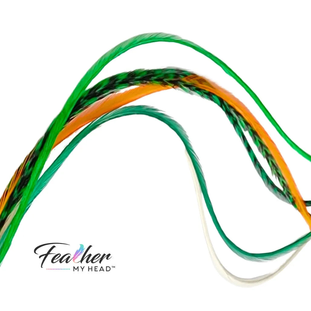 Green, white, and gold Lucky Charm Hair Feathers – feather hair extensions - long, flowing feather extensions perfect for St. Patrick’s Day, football game day, or adding a stylish touch to any hairstyle