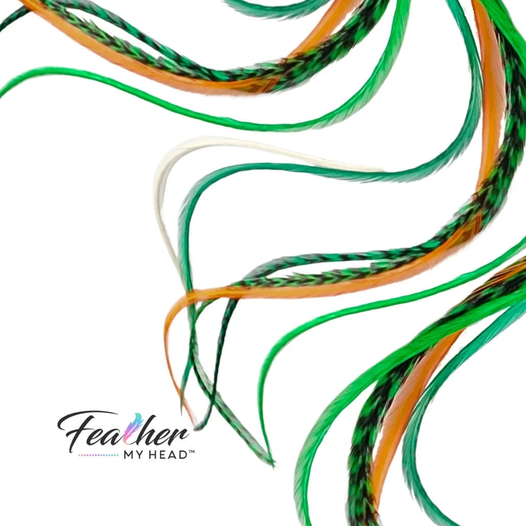 Green, white, and gold Lucky Charm Hair Feathers – feather hair extensions - long, flowing feather extensions perfect for St. Patrick’s Day, football game day, or adding a stylish touch to any hairstyle