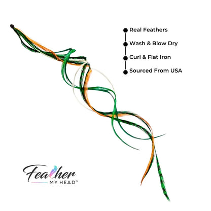 Green, white, and gold Lucky Charm Hair Feathers – feather hair extensions - long, flowing feather extensions perfect for St. Patrick’s Day, football game day, or adding a stylish touch to any hairstyle