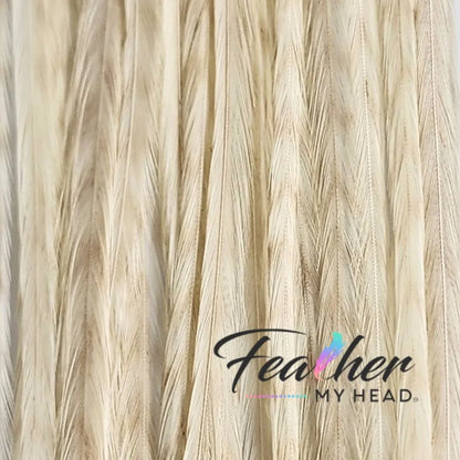 White Ghost Barred Grizzly Hair Feathers are one of the more distinctive natural feathers due to the faint barred striped markings on the background of the feather extension.
Neutral in color this feather will compliment almost all color combinations and will be found in almost all of our natural hair packs.