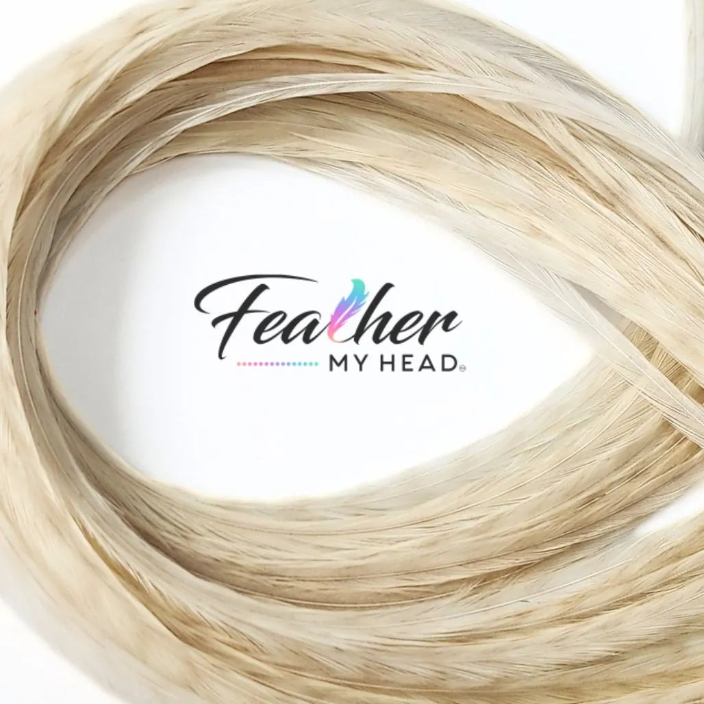 White Ghost Barred Grizzly Hair Feathers are one of the more distinctive natural feathers due to the faint barred striped markings on the background of the feather extension.
Neutral in color this feather will compliment almost all color combinations and will be found in almost all of our natural hair packs.