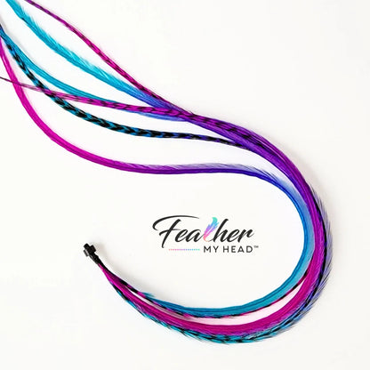 Let your hair catch the spirit of summers carefree days and warm summer nights with our hand-dyed hair feathers.

Each feather extension is unique blending shades of pink, purple, blue, and turquoise for mesmerizing rainbow tie-dye effect