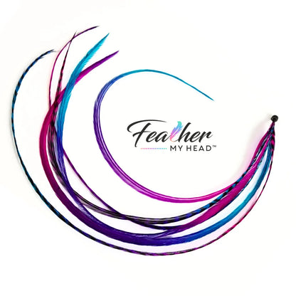 Let your hair catch the spirit of summers carefree days and warm summer nights with our hand-dyed hair feathers.

Each feather extension is unique blending shades of pink, purple, blue, and turquoise for mesmerizing rainbow tie-dye effect