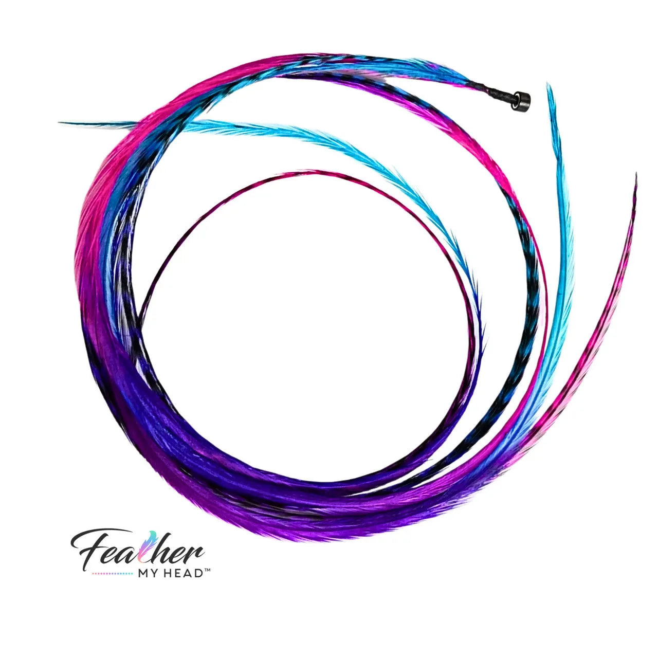 Let your hair catch the spirit of summers carefree days and warm summer nights with our hand-dyed hair feathers.

Each feather extension is unique blending shades of pink, purple, blue, and turquoise for mesmerizing rainbow tie-dye effect