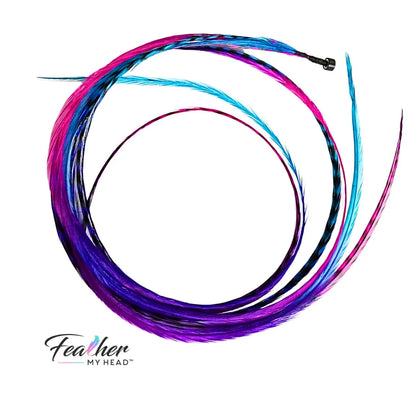 Let your hair catch the spirit of summers carefree days and warm summer nights with our hand-dyed hair feathers.

Each feather extension is unique blending shades of pink, purple, blue, and turquoise for mesmerizing rainbow tie-dye effect
