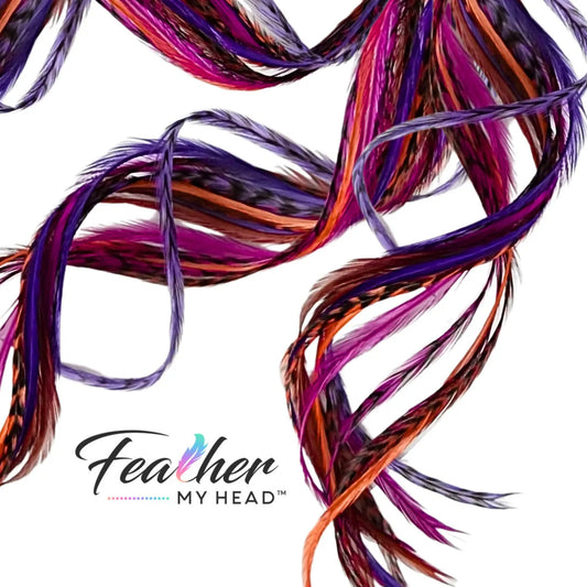 A wild mix of color and spirit, our Hippie Shake Hair Feathers blend deep iris purple, rich eggplant, warm espresso brown, and soft salmon for a bold yet earthy vibe. Inspired by boho style and festival energy, these feathers add a touch of free-spirited charm