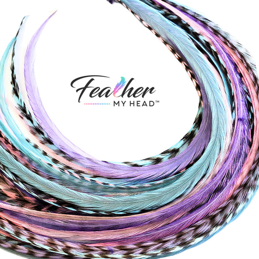 These soft pastel colors of Lilac Purple, Pink Blush and Blue Frosted Cupcake will make you look like a magical cupcake princess.
Choose the length that’s right for you – we offer feathers that are over 16 inches long. Adding them is super easy with an optional feather kit, complete with step-by-step instructions and photos. We use only premium grade hair feathers – in both solid colors and patterned grizzly stripes. Each feather is unique in size and shape too. 