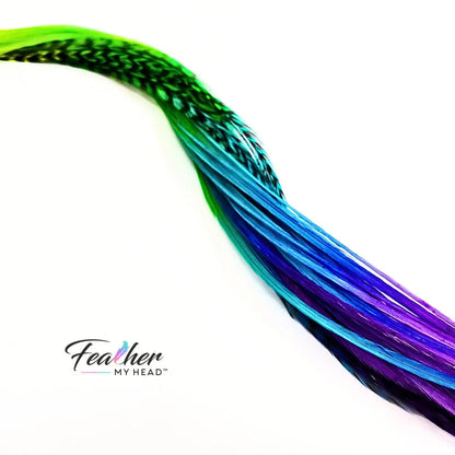 Our Snow Cone hair feather extensions are inspired by the swirled, icy treat that turns every tongue a different shade. Each hand-dyed feather blends vivid tones of purple, blue, green, and yellow, creating a stunning tie-dye effect.