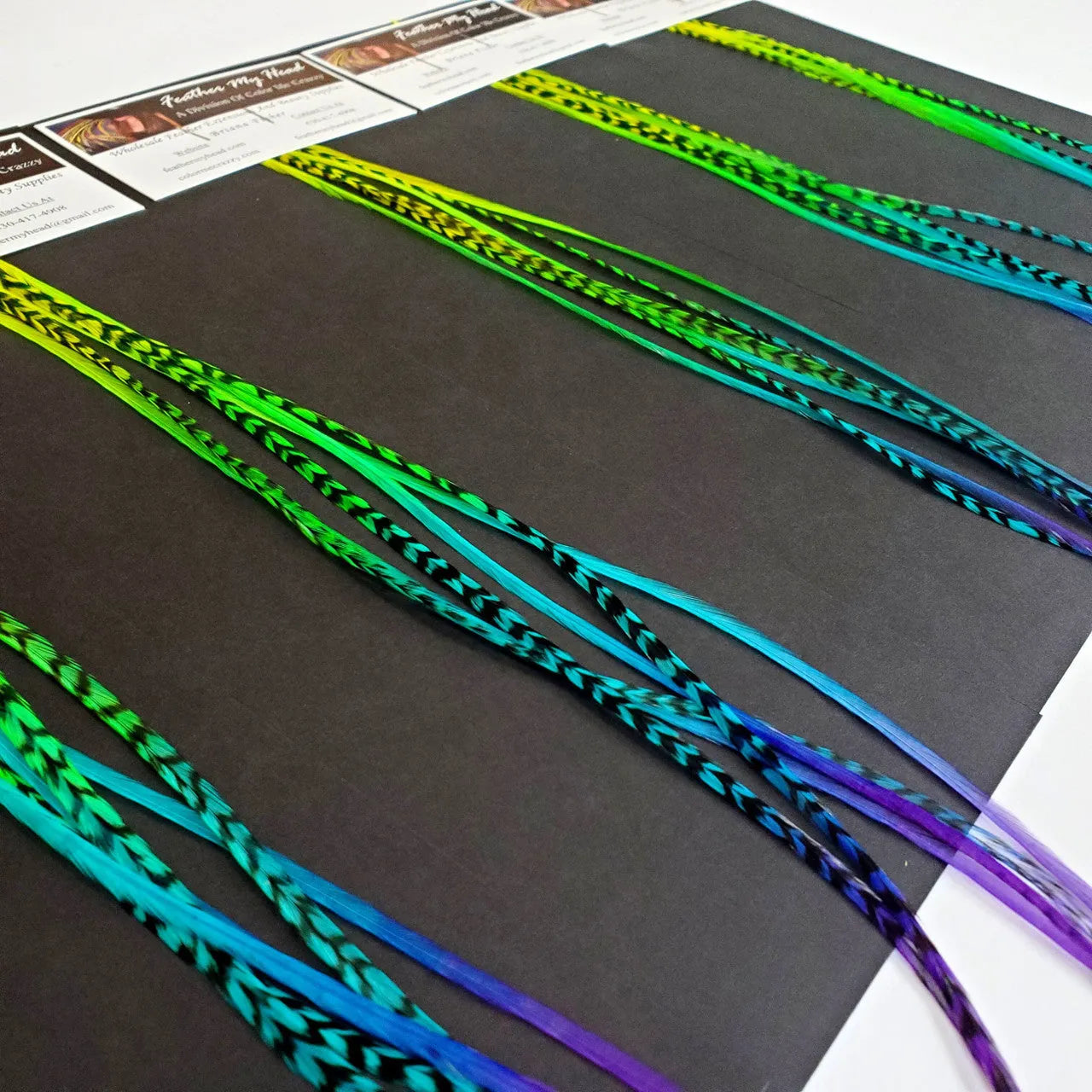 Our Snow Cone hair feather extensions are inspired by the swirled, icy treat that turns every tongue a different shade. Each hand-dyed feather blends vivid tones of purple, blue, green, and yellow, creating a stunning tie-dye effect.