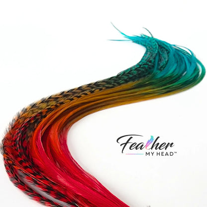 Dive into the rich hues of the Colorado landscape with our Durango hair feather package!
Inspired by nature, this collection features earthy tones in shades of red, green, and brown.  Whether you're into earthy tones or love country vibes, our 'Durango' hair feathers are for you.  They're not just for country looks but also perfect for accessorizing at country concerts and other festivals.