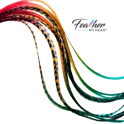 Dive into the rich hues of the Colorado landscape with our Durango hair feather package!
Inspired by nature, this collection features earthy tones in shades of red, green, and brown.  Whether you're into earthy tones or love country vibes, our 'Durango' hair feathers are for you.  They're not just for country looks but also perfect for accessorizing at country concerts and other festivals.