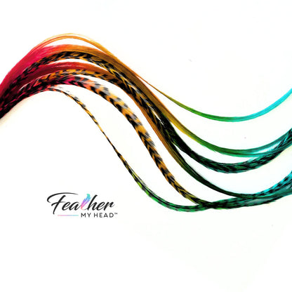 Dive into the rich hues of the Colorado landscape with our Durango hair feather package!
Inspired by nature, this collection features earthy tones in shades of red, green, and brown.  Whether you're into earthy tones or love country vibes, our 'Durango' hair feathers are for you.  They're not just for country looks but also perfect for accessorizing at country concerts and other festivals.