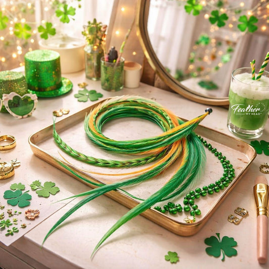 Decorative green feather boa on a tray with St. Patrick's Day decorations in the background.