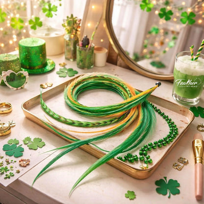 Decorative green feather boa on a tray with St. Patrick's Day decorations in the background.