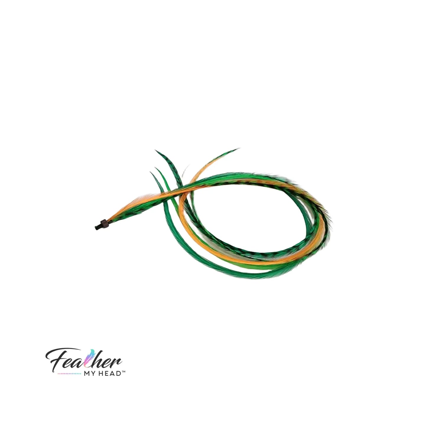 hair feathers with green and orange colors on a white background, featuring 'Feather My Head' branding.