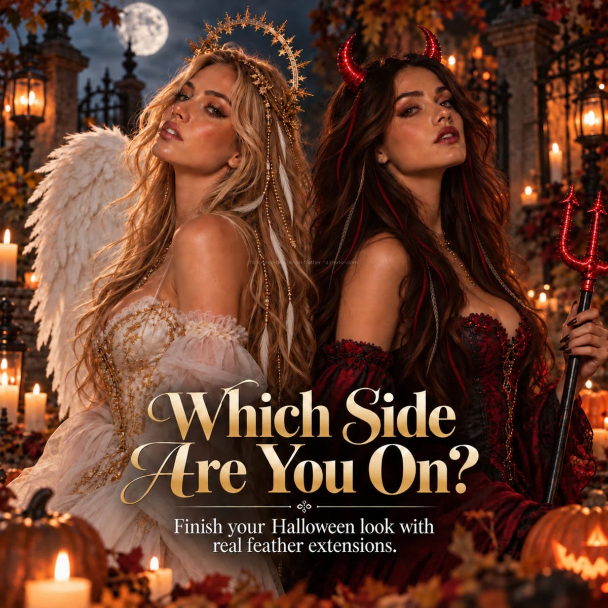 Devil and angel Halloween costumes with long real rooster feather hair extensions in red, black, white and cream tones.