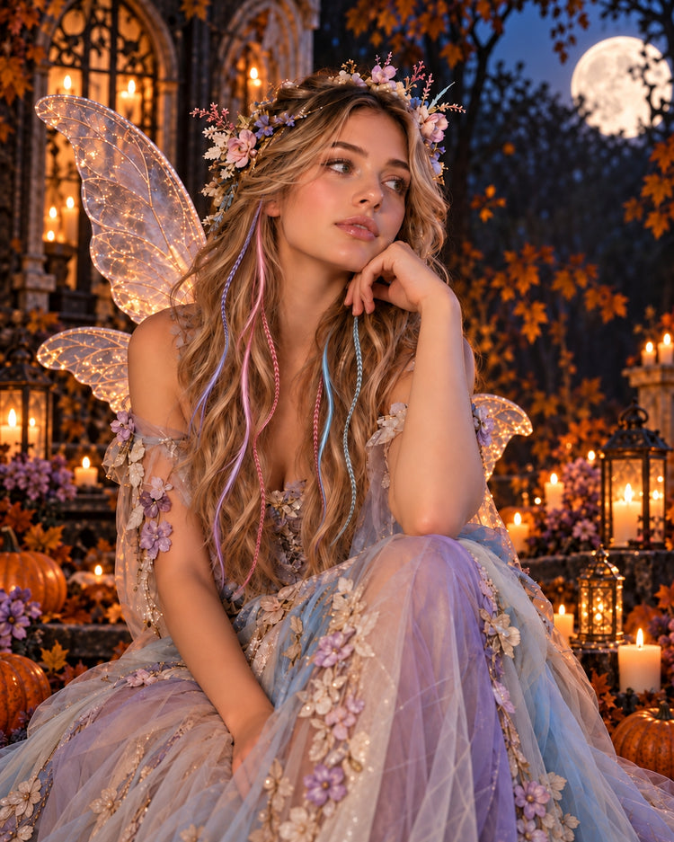Fairy Halloween costume with long pastel pink, lavender and blue real rooster feather hair extensions.