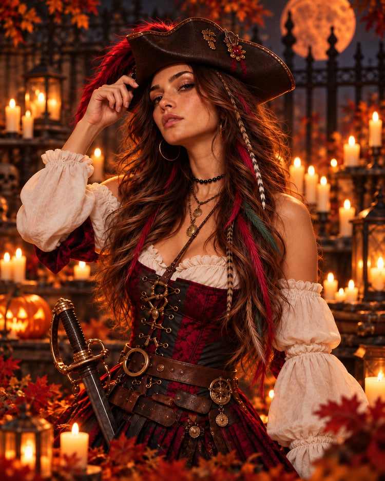 Pirate Halloween costume with long red, green, white and striped real rooster feather hair extensions.