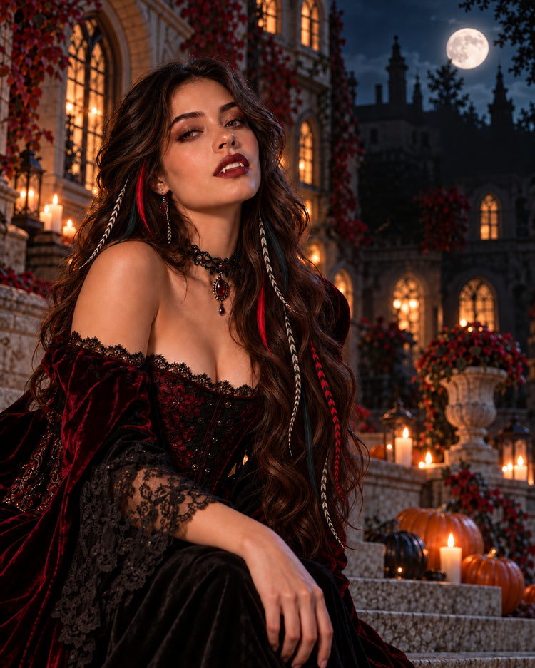 Vampire Halloween costume with long red, black and striped real rooster feather hair extensions.