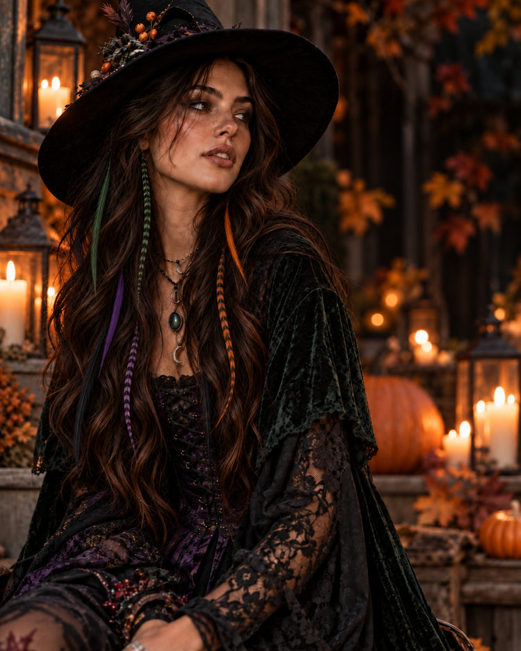 Witch Halloween costume with long purple, green, orange and striped real rooster feather hair extensions.
